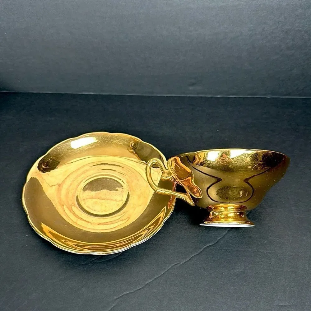Vintage Taylor & Kent Large Pink Cabbage Rose Tea Cup Saucer Heavy Gold Signed